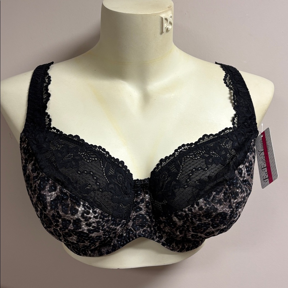 Lace-Trim Leopard Underwire Bra - Black